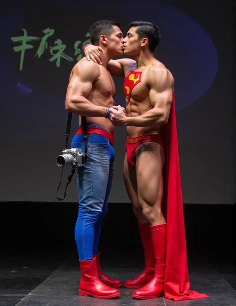 Superman,a 30-year-old a buff man in a superman costume (think movie version of Superman-black undercut, blue tights and red cape and red boots and red briefs) Superman Awards to a Taiwan 28 years-old male reporter on a podium of press conference. The priz...