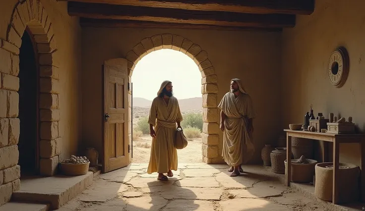 A man and a woman in an ancient house in the Bible, the woman leaving the house with bags