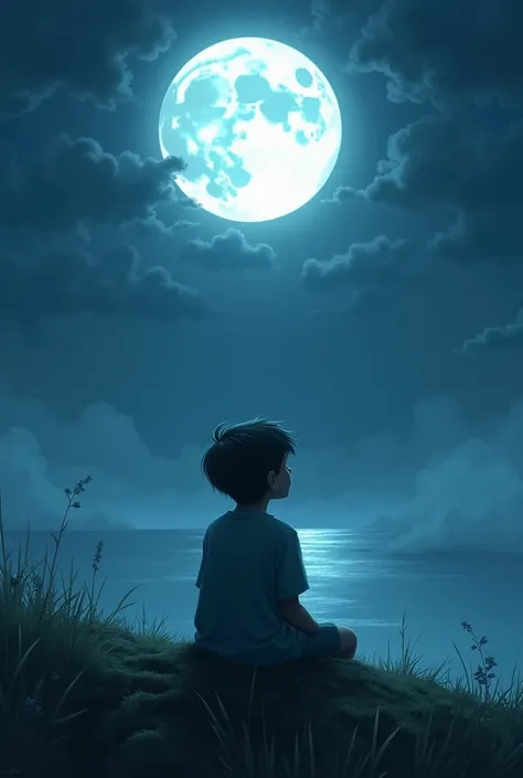 Boy mossing his love sitting alone at night in full moon