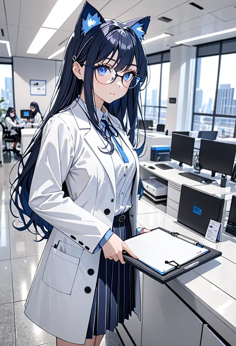 8K Ultra High-Quality, ultra-detailed, High quality, dark blue long hair, blue eyes, cat ears, glasses, white lab coat, skirt, holding a clip board, looking at viewer, side view, talking, full body, office background