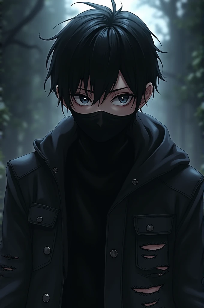 Anime boy black hair black ripped eyes with black mask