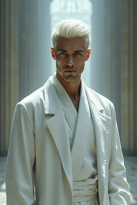 He has a handsome appearance, platinum blonde hair, sharp, upward-slanting fox-like eyes, a thin face, a tall, slender body, a white robe, and a menacing appearance, and he is thirsty for world power.