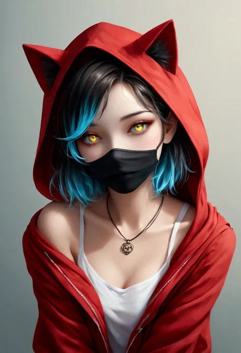 A young anime girl, positioned slightly off-center to the left of the frame, is wearing a red hooded sweatshirt with cat-eared hood.  She has short, dark hair and vibrant, expressive yellow eyes, with a black mask covering her lower face and mouth.  The gi...