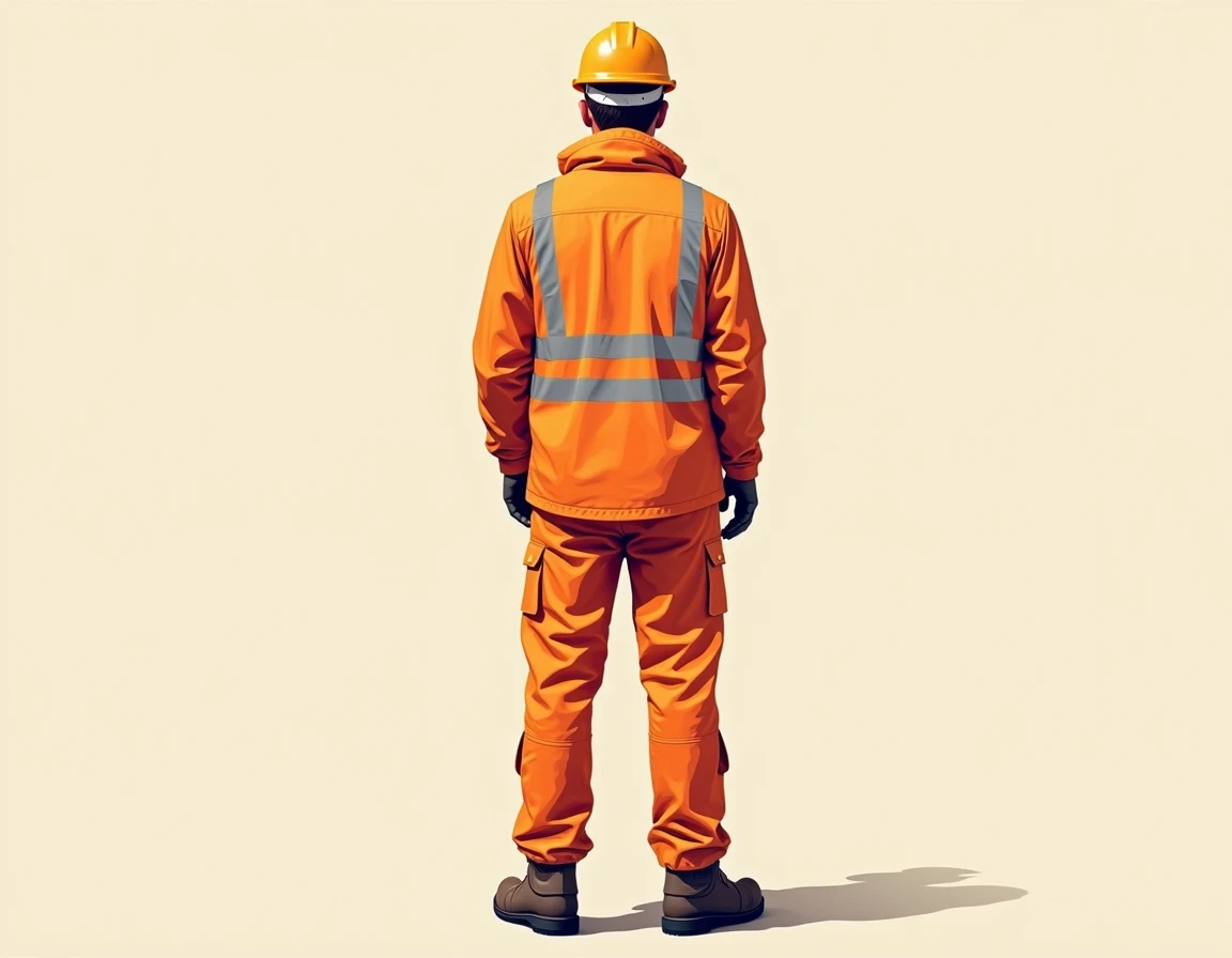 vector of industry worker full body image in orange woolen clothes back side WEARING REFLECTIVE VEST ON TOP