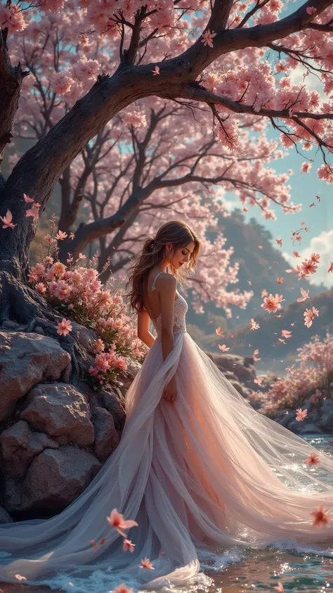 Fantasy World Art: A Dreamy Paradise**Pretty breathtaking fascinating woman

Create an official art piece in 8K resolution that transports viewers to a fantastical paradise. 

The scene features a single girl captured from a dynamic angle, surrounded by in...