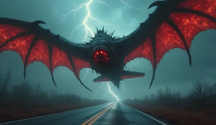 A terrifying and horrifying red plane monster with glowing red eyes and menacing sharp features, flying low over a deserted road at night. The scene is extremely eerie with a dark, stormy sky, and the road below is illuminated only by faint lightning strik...