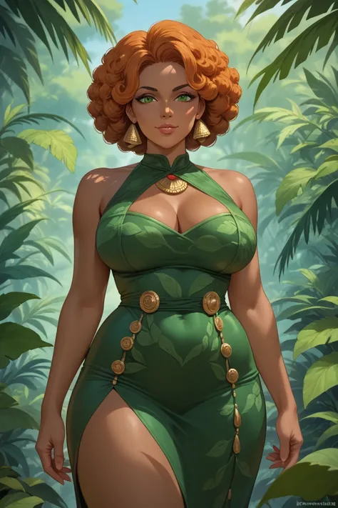 a mature black woman african, dark skin, orange frizzy hair, green eyes, front view, high definition, pretty face, green ancient skinsuitdress with leafs, jungle in the background, in mix of Milo Manara art style and Adam Hughes style HD, 4K