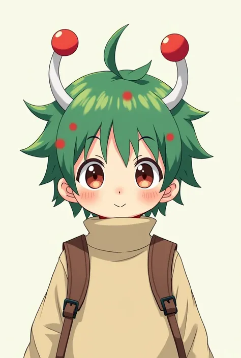 Anime boy with green hair with red spots. And 3 white antennas with red spheres attached to them. And wearing a cream colored turtleneck sweater and also wearing a brown backpack