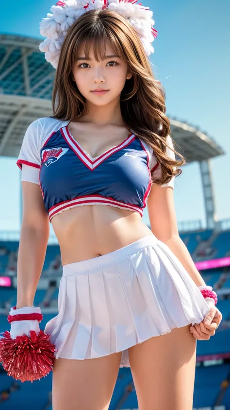 masterpiece, Highest quality, Very detailed, High resolution, (Realistic, photoRealistic:1.37), Excellent anatomy, One beautiful woman, 18-year-old, Height: 152cm, Cheerleader, (Holding a pom-pom in both hands:1.5), A small smile, cheer leading, Blue Cheer...