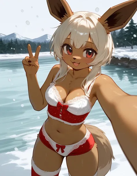 Alone, score_9,score_8_up,score_7_up, rating_safe, anthro female eevee, christmas lingerie, outdoors, standing, ice lake, snowing, selfie, pov, peace sign in one hand.