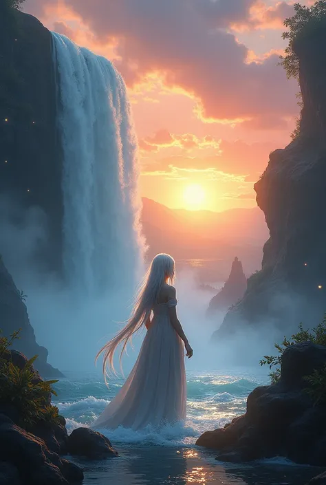 Soraka in a large waterfall with a background of a sunset 