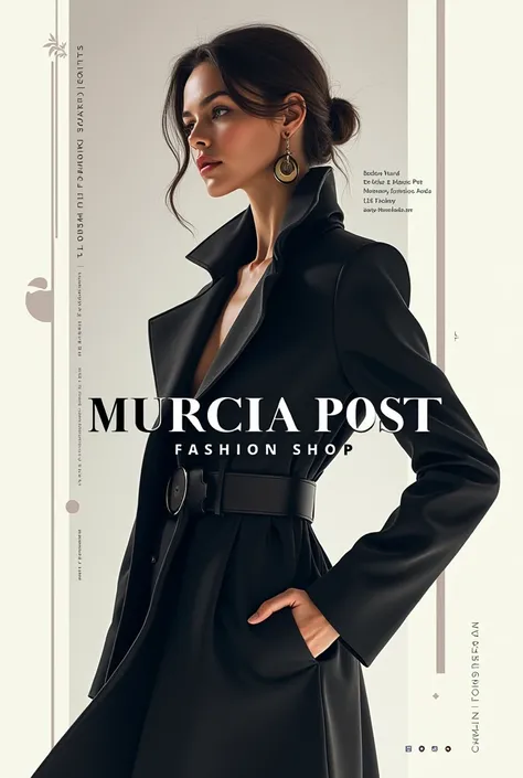 Hacer logotipo como un editor grafico profisional de boutique moda femenina moderno y con toquis futuristas de fondo una modelo sexy con abrigo en formato 9: 16 of Murcia Post Fashion Shop and standing with the www logo.murciapost .is