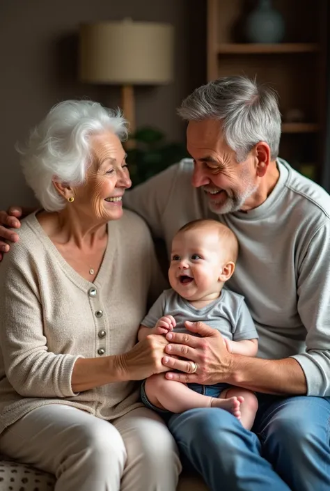 "Create a heartwarming, multi-generational family photo featuring four family members: a great-grandmother, a grandfather, a father, and a one-year-old baby. The setting should be warm and inviting, such as a cozy living room or a peaceful park. Each perso...