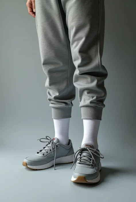 photo réaliste d’une femme qui prend en photo ses propres pieds mais on ne vois pas la femme elle porte des chaussures de sport de femme sur un sol gris, portant un jogging gris et des chaussettes haute blanche photo en 8K la photo est prise d’elle même et...