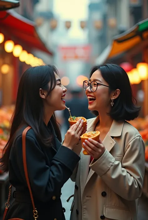 two Korean female idols, traveling and enjoying street food, one with long black hair and no glasses, the other with short haircut and stylish glasses, laughing joyfully, cinematic scene inspired by "Great Expectations," muted yet rich tones, soft dramatic...