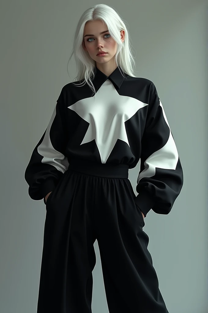 A girl with white hair, blue eyes, white skin, perfect body, many curves, big breasts in big clothes, big black pants and a big black and white blouse with a star in the center, black and with a serious expression.