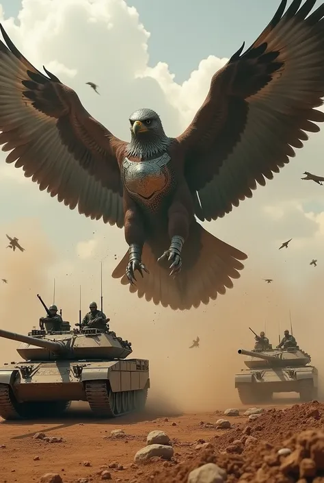 A giant eagle is on a rampage,The eagle was armored in shining steel,Complete with a gleaming steel eagle knight helmet,Destroying Merkava tanks with its claws,The backdrop of typical Palestinian war zone debris,Very realistic, finest detail, very natural,...