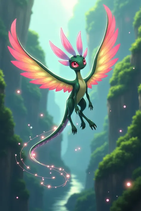 Create an image of a legendary pterodactyl Pokémon from Argentina that is a fairy-plant type