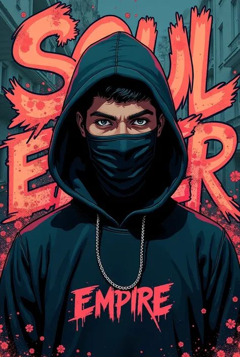 cover for track,  soul eater empire lettering in style
graffiti with spreading letters on the background,  guy
completely faceless ,  face no and you cant see him , in a black mask, all over the face,
 faces are not visible,  against the old ones
destroyed...