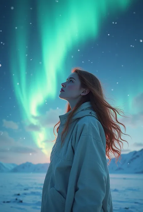 A brown-haired girl from the North Pole with the Northern Lights 