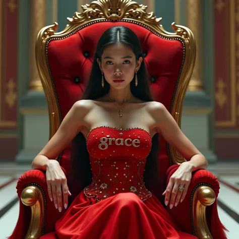 1girl, ai, Long hair, Earings, Sitting on a Throne, wearing a red Christmas costume, with a text Grace on it