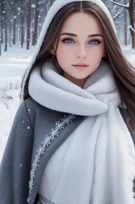 1 European woman, she is wearing a winter dress, she is standing in a snowy landscape, pretty face, ultra detailed face, eyes, hyperrealistic, realistic representation