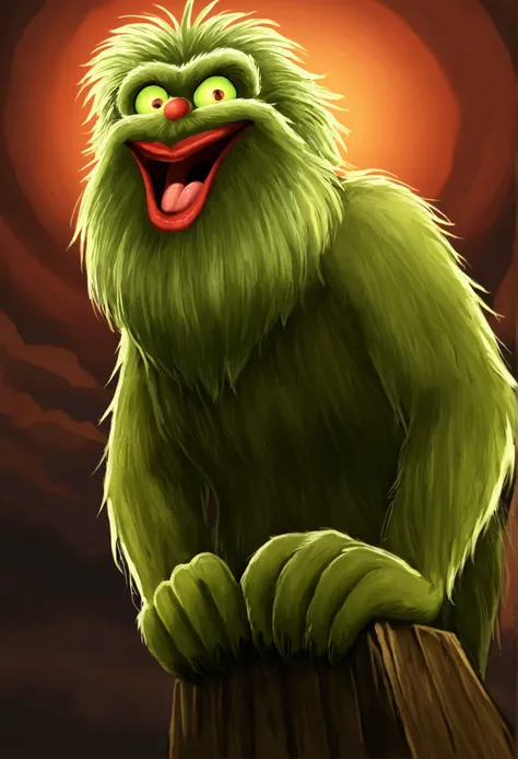 The Grinch (green, hairy, evil), does a villain laugh from atop a dark tower on a snowy mountain top, he will soon ruin Christmas in the valley below
