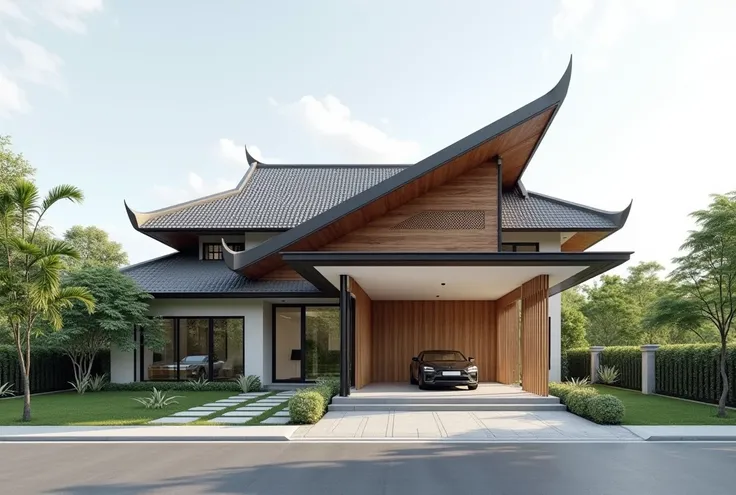  Make me a vernacular house design whose roof is inspired by traditional walawengko house roofs and limas roofs, Make your 3D design  ,  modern but there are traditional elements 