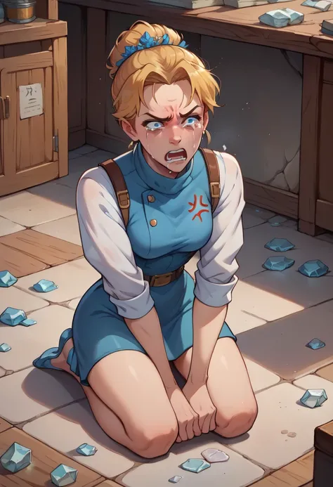 score_9_up, score_8_up, score_7_up, cinderella, kneeling and crying angrily looking at a broken glass slipper in the floor, anger, pain, anime style