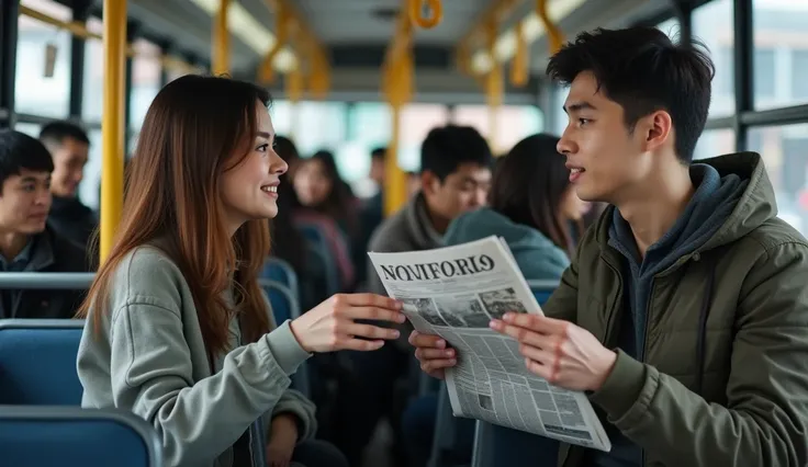 Young woman handing a newspaper to a young man on a bus, high quality, reality, real photo