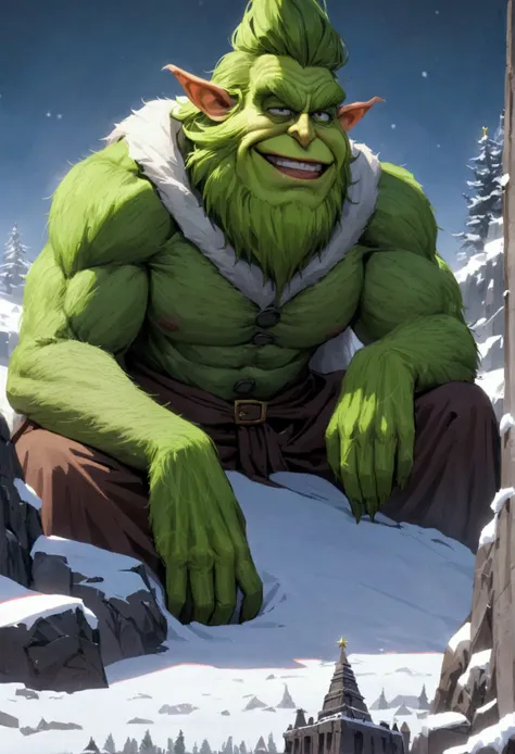 The Grinch (green, hairy, evil), does a villain laugh from atop a dark tower on a snowy mountain top, he will soon ruin Christmas in the valley below
