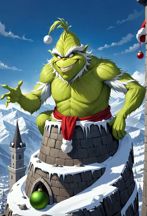 The Grinch (green, hairy, evil), does a villain laugh from atop a dark tower on a snowy mountain top, he will soon ruin Christmas in the valley below
