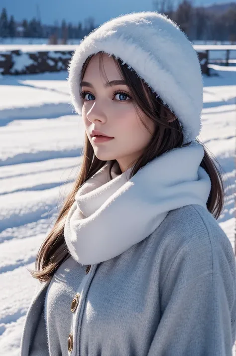 1 European woman, she is wearing a winter dress, she is standing in a snowy landscape, pretty face, ultra detailed face, eyes, hyperrealistic, realistic representation