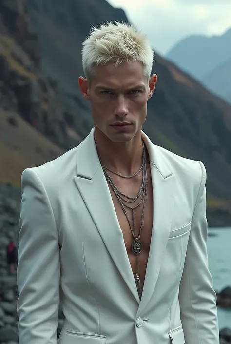 He has a handsome appearance, platinum blonde short hair, sharp, upward-slanting fox-like eyes, a thin face, a tall, slender body, a white outfit,long round necklace, russian and a menacing appearance, and he is thirsty for world power.Near a lava mountain...