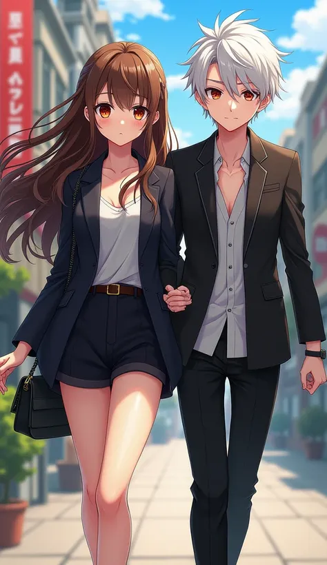 girl with long brown hair with brown eyes wearing stylish clothes walking next to a boy with white hair and red eyes wearing a white shirt and dark pants, anime