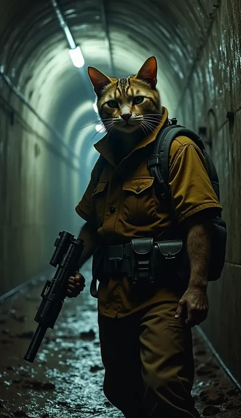 A Poor cat father hard working on uder sewerage  wearing face mask firearm in hand 