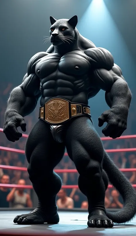 "A hyper-realistic and highly detailed hybrid animal combining the physique of a bodybuilder with the features of a black panther. The creature has a massive, muscular, well-defined body with enormous biceps, broad shoulders, a powerful chest, and strong l...