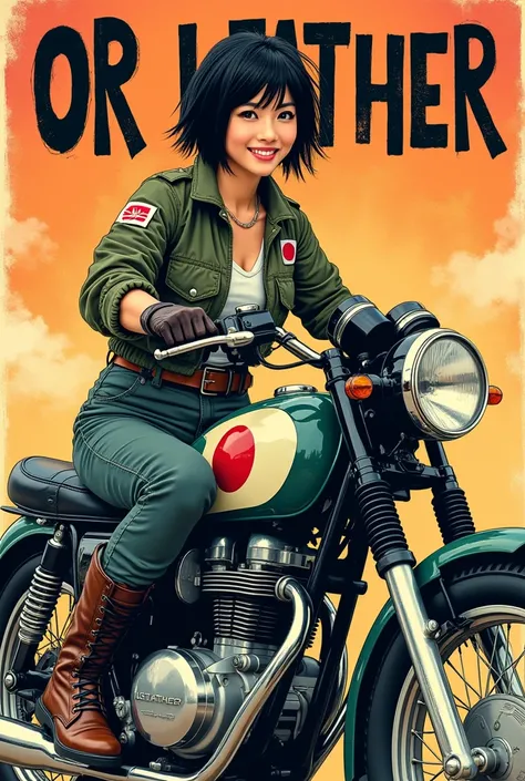 Pop Art style. A young, pretty, smiling Japanese woman with messy short black hair wears a stylish flight jacket with a Japanese flag patch on her shoulder, sturdy cargo pants, sturdy boots, a vintage helmet and gloves, and rides confidently on a vintage m...