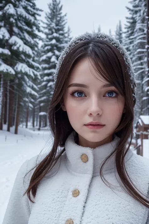 1 European woman, she is wearing a winter dress, she is standing in a snowy landscape, pretty face, ultra detailed face, eyes, hyperrealistic, realistic representation, 30 years old 