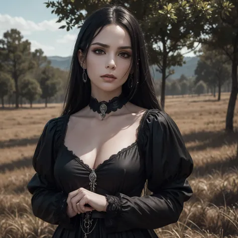  a dark black metal rock band composed of strong men and beautiful young women posing for the photo in an elegant and Renaissance style,  long and straight hair ,  black hair ,  fair skin ,  black eyes ,  elegant Renaissance and Baroque clothing , men wear...