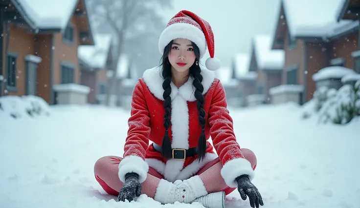 Cctv camera .  A woman young chinese-asian age 27 years old santa dress. Santa hat .  Snow play.  Weight 80kg is rather full. Very Sexy .  Muscular sixpack belly . busty chest. busty chest 2.6.  White stuking T-shirt sleeves .  Transparent stuking pants . ...