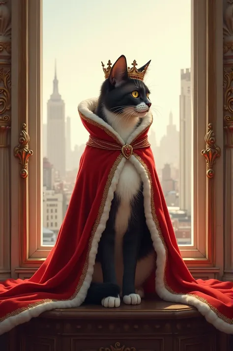 A cat with a red and white crown and cape sitting at the window 