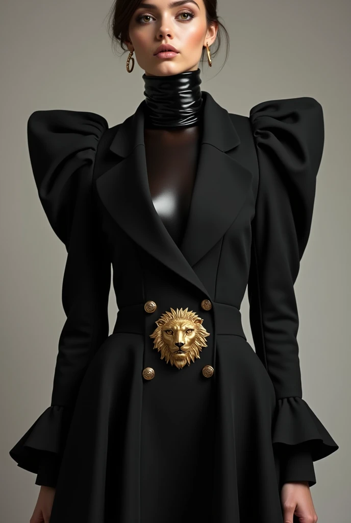 Short double-breasted jacket dress
black flared with shoulder pads 
With the very marked size.

Avec un col roulé transparent noir brillant 

Et une tête de lion en métal or au milieu du ventre en guise de fermeture pour la veste 