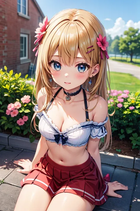 A beautiful girl in red skirt sitting on a stone wall with flowers, anime girl, (20 years old girl: 1.45), (aged up), cleavage, garden, white crop top, off the shoulder, tiny microskirt, curvy, big rounds breasts, hair intakes, hairclip, anchor choker, hai...