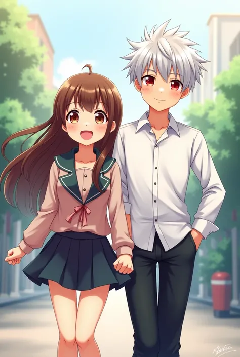 happy girl with long brown hair with brown eyes wearing stylish clothes walking next to a boy with white hair and red eyes wearing a white shirt and dark pants, anime