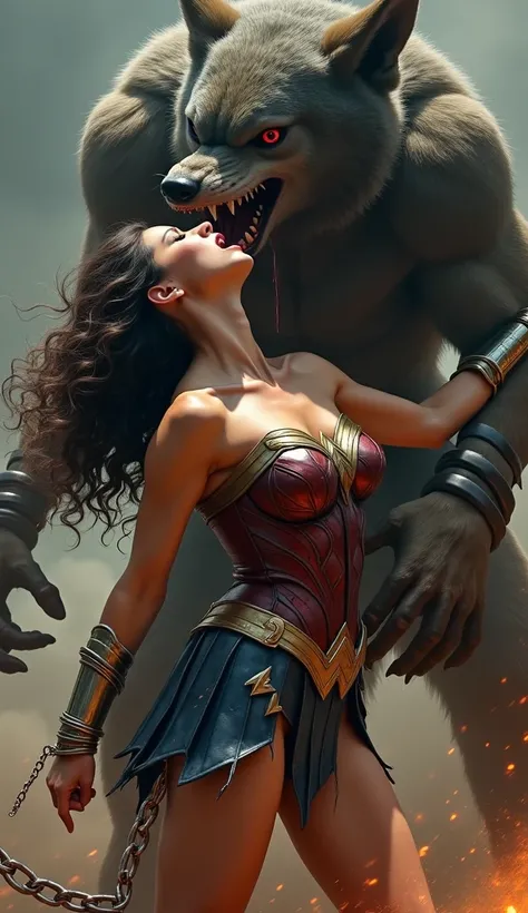 Gal Gadot is Wonder woman, ((fighting with the Steppenwolf)), a very beautiful Korean face, very bright white skin, brown hair, ((leather fabric short skirt:1.8)), dirty body, ((bound arms by chain behind her back)), she is defeated, the Steppenwolf severe...