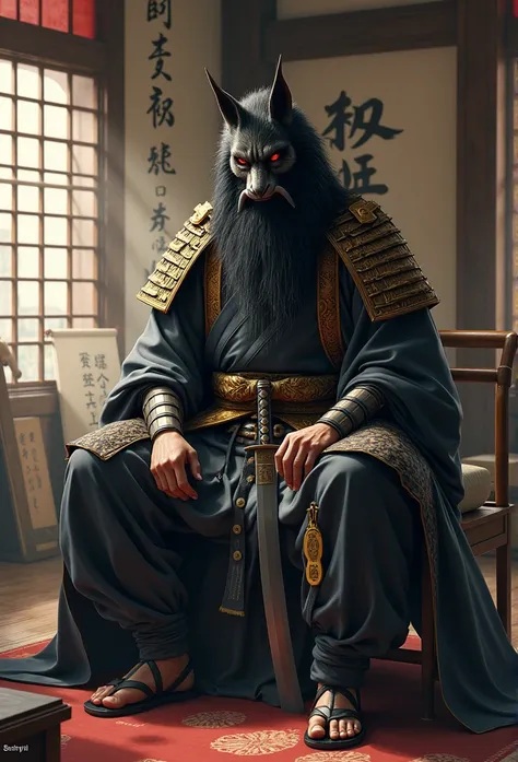 samurai man, in a study, With his oni wolf mask, traditional dress, warrior,  long black hair,  REALISTIC IMAGE