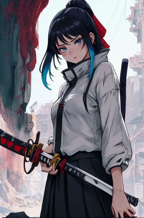 anime, modern girl, Digital art, Delicate and unstable line drawing, wielding an oversized giant katana, Modern clothing, coloful, Spectacular backdrop,