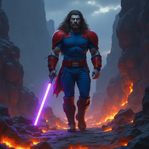  A stocky man 200 centimeters tall . gray skin.  Big tan eyes .  With a mane similar to that of a lion .  With muscular arms and legs .  He wears a blue t-shirt .  He wears red shoulder pads .  He wears blue arm protectors . He wears blue leggings .  He we...