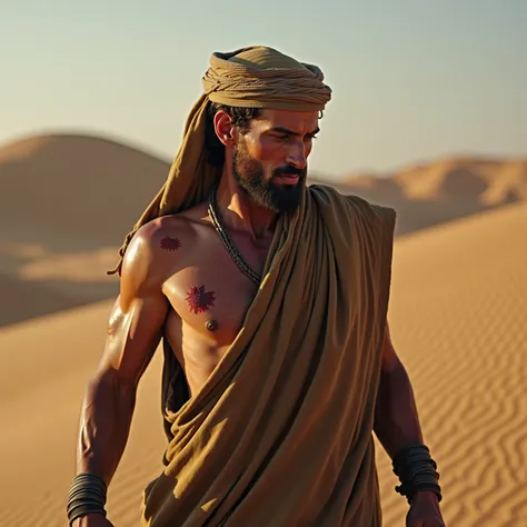 Create a cinematic, epic dramatic lighing realistic scene set in opened mountains desert, arab man wearing ancient tradiitional cloth uncovered shoulders,  the man is very sick and has bad skin inflammations on arms and shoulds skin ulcers scratching his s...